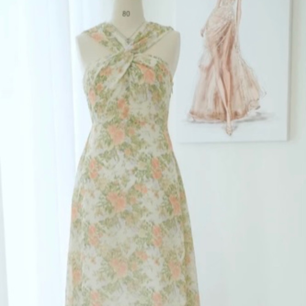 Vintage silk chiffon halter maxi dress